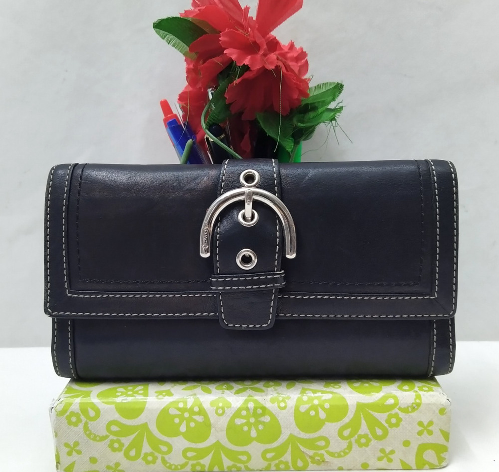 Coach Black Leather Buckle Checkbook Credit Card ID Window Trifold Wallet
